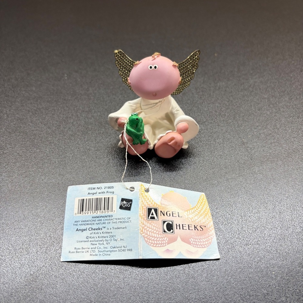 Angel Cheeks Angel with Frog Kirk 2001 Golden metal wing guardian angel figurine